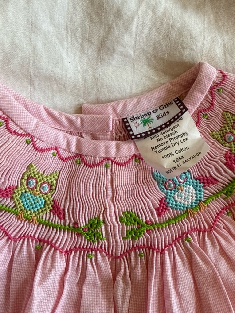 Vintage Pink Smocked Owl Jumpsuit